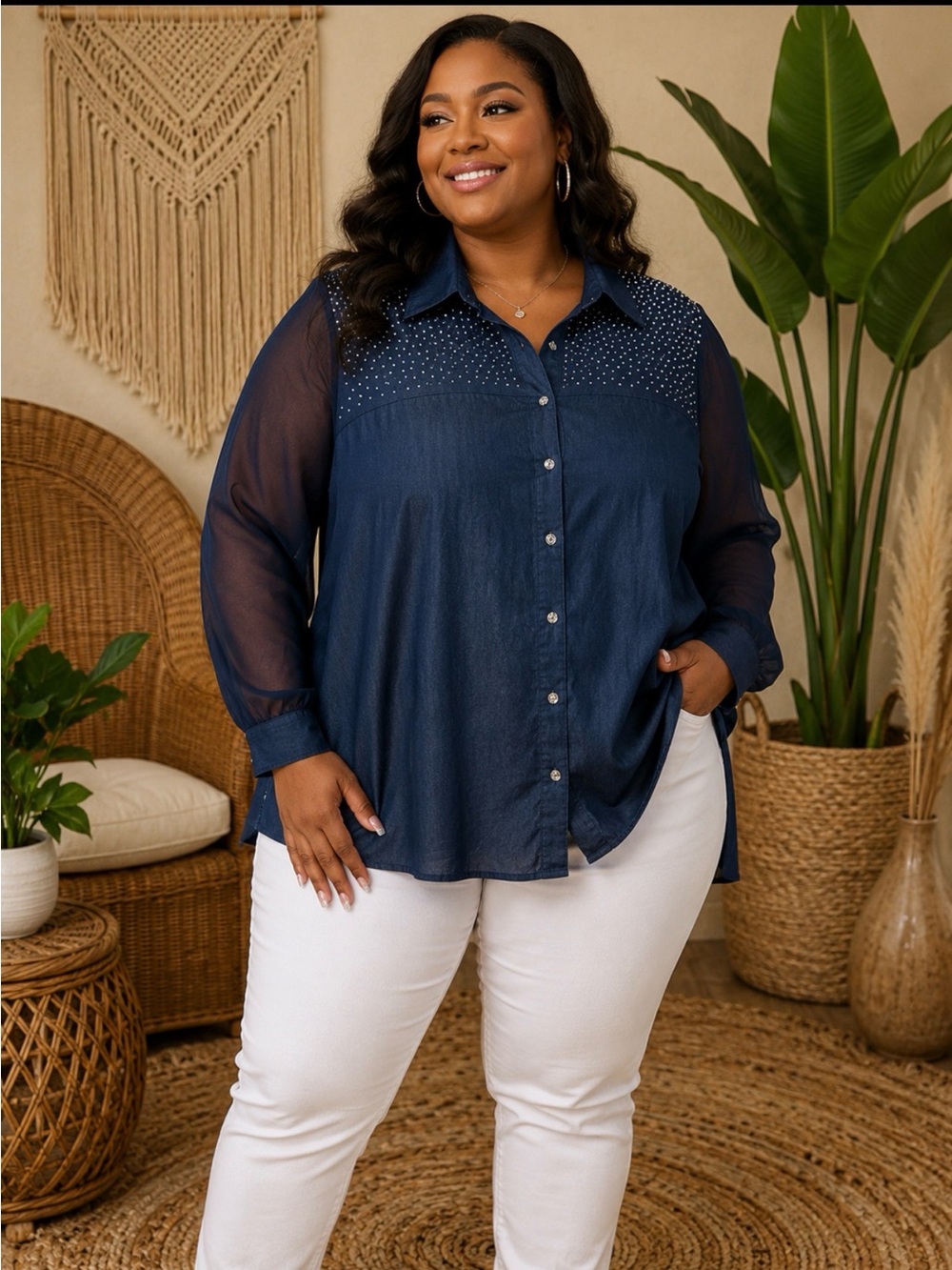 Ashley Stewart Navy Stud-Embellished Button-Down Shirt